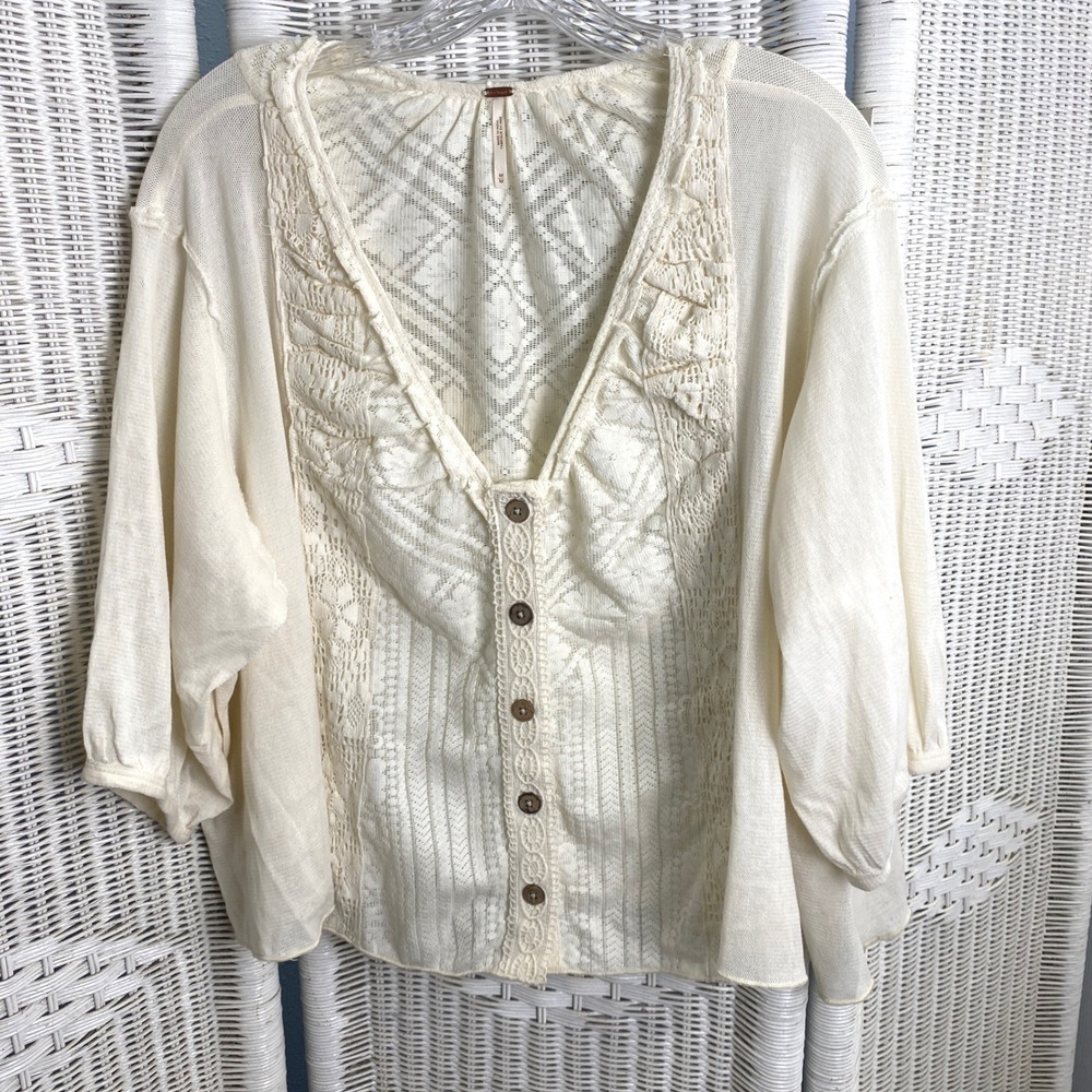 Free People Ivory Crochet-Front Button Back Blouse medium